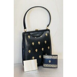 Black Leather Top Handle bag Gold Fleur-de-Lis Patten Frame Purse Wallet Set VTG